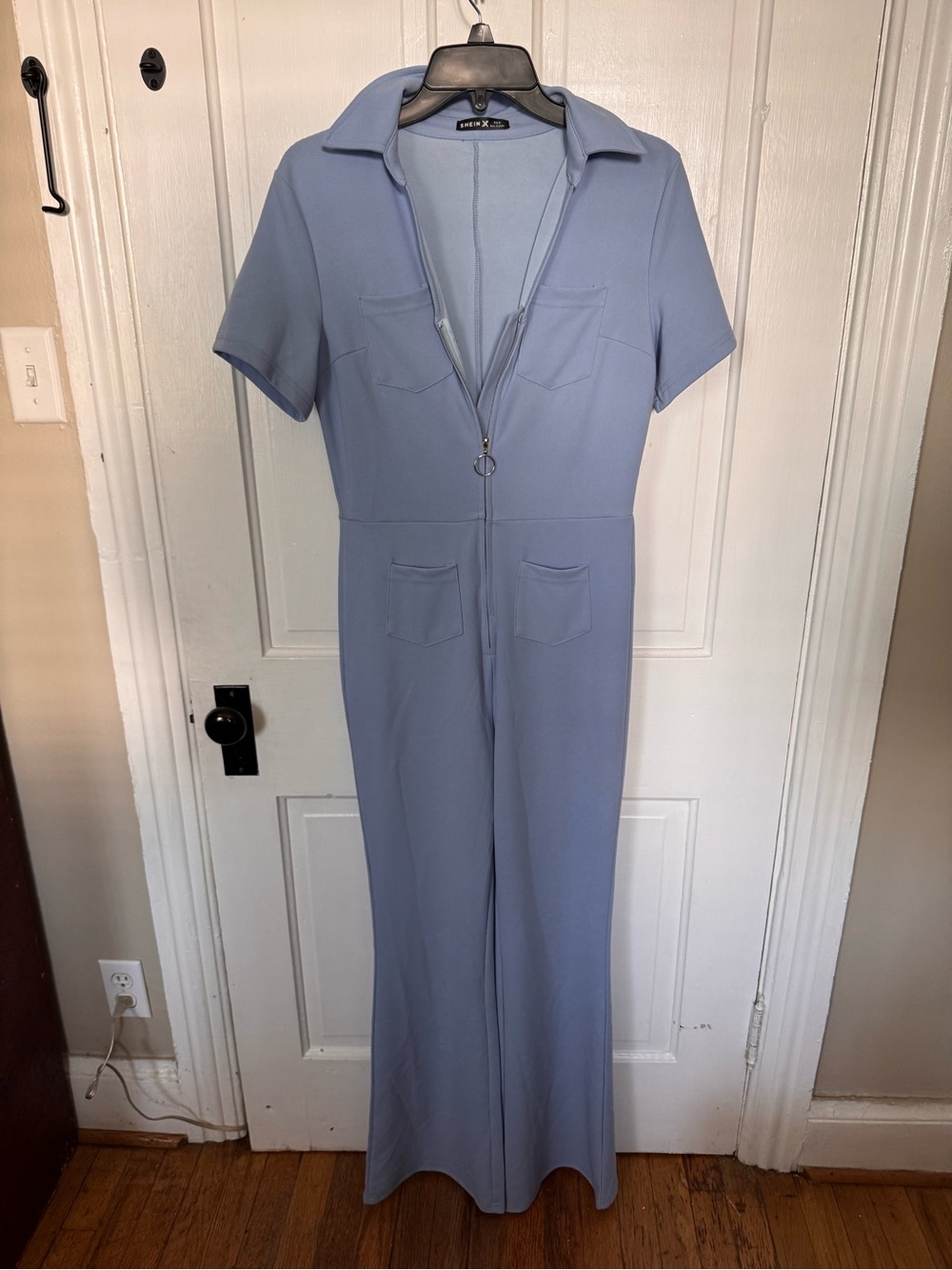 SHEIN Light Blue Short Sleeve Zip-Front Jumpsuit